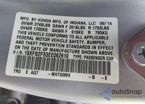 2014 Honda Civic Lx из США, поврежденный, VIN 19XFB2F53EE062610